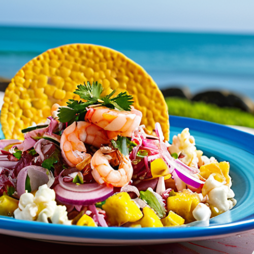 Ecuadorian Ceviche**

A beautifully plated Ecuadorian ceviche with shrimp and tuna, garnished with red onion and cilantro. Served with tostones and popcorn on a brightly colored plate. Background is a sunny coastal scene. Fully clothed patrons enjoy the meal at an outdoor cafe. Safe for work, appropriate content, professional food photography, natural proportions, well-formed hands, professional, modest.

**