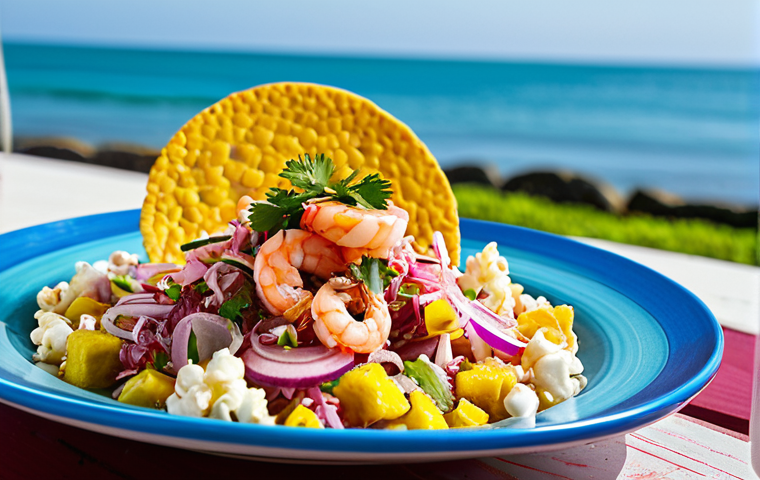Ecuadorian Ceviche**

A beautifully plated Ecuadorian ceviche with shrimp and tuna, garnished with red onion and cilantro. Served with tostones and popcorn on a brightly colored plate. Background is a sunny coastal scene. Fully clothed patrons enjoy the meal at an outdoor cafe. Safe for work, appropriate content, professional food photography, natural proportions, well-formed hands, professional, modest.

**
